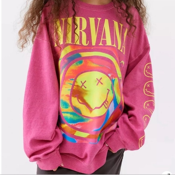 Urban Outfitters Nirvana Smiley Face Overdyed Sweatshirt Heliconia  XL oversized - Picture 3 of 15